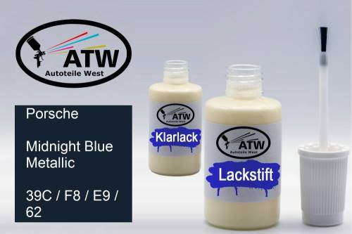 Porsche, Midnight Blue Metallic, 39C / F8 / E9 / 62: 20ml Lackstift + 20ml Klarlack - Set, von ATW Autoteile West.